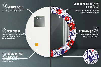 Espelho redondo decorativo Filodendro e flores vermelhas