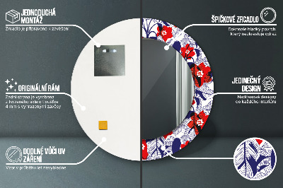 Espelho redondo decorativo Filodendro e flores vermelhas