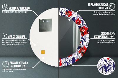 Espelho redondo decorativo Filodendro e flores vermelhas