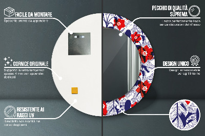 Espelho redondo decorativo Filodendro e flores vermelhas