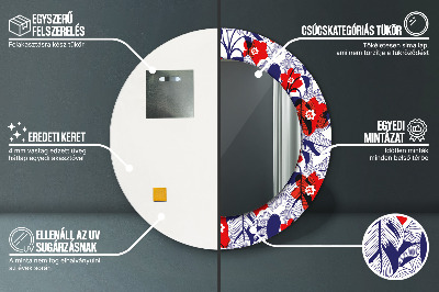 Espelho redondo decorativo Filodendro e flores vermelhas