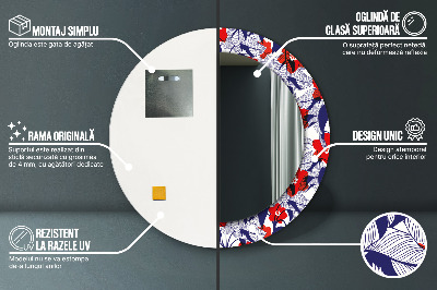 Espelho redondo decorativo Filodendro e flores vermelhas