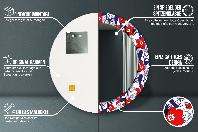 Espelho redondo decorativo Filodendro e flores vermelhas