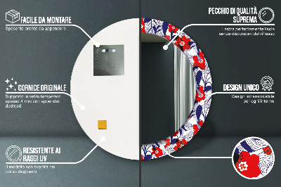 Espelho redondo decorativo Filodendro e flores vermelhas