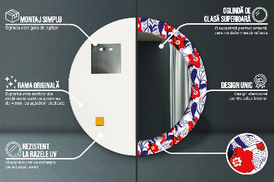 Espelho redondo decorativo Filodendro e flores vermelhas