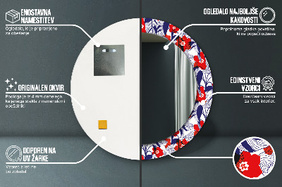 Espelho redondo decorativo Filodendro e flores vermelhas