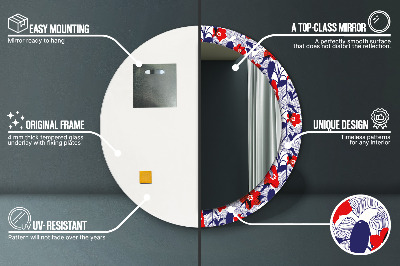 Espelho redondo decorativo Filodendro e flores vermelhas