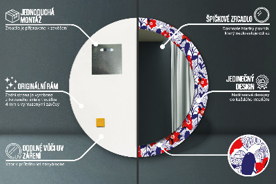 Espelho redondo decorativo Filodendro e flores vermelhas