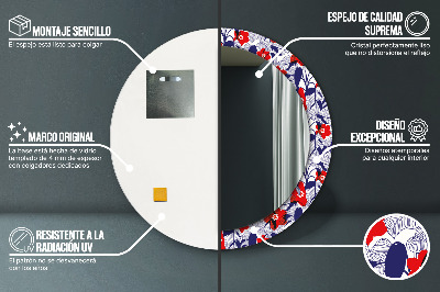 Espelho redondo decorativo Filodendro e flores vermelhas