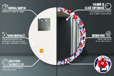 Espelho redondo decorativo Filodendro e flores vermelhas