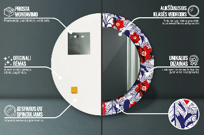 Espelho redondo decorativo Filodendro e flores vermelhas