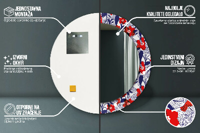 Espelho redondo decorativo Filodendro e flores vermelhas