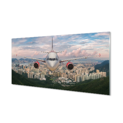 Pintura acrílica avião cidade montanhas
