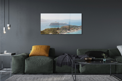 Pintura acrílica Navio, ilha, montanhas, mar