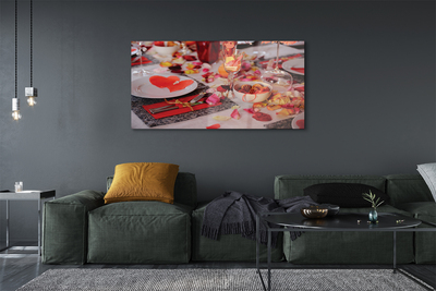 Quadro acrílico Copos de jantar com pétalas de rosa e corações