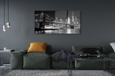 Pintura acrílica Ponte, arranha-céus, noite, rio