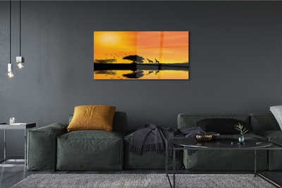 Quadro acrílico Girafas pôr do sol árvore lago
