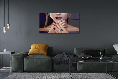 Quadro acrílico Mulher com as mãos e lábios roxos
