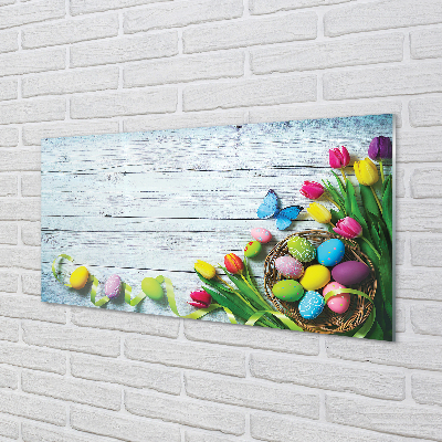 Quadro acrílico Ovos tulipas borboleta