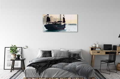 Pintura acrílica Navio mar cidade céu