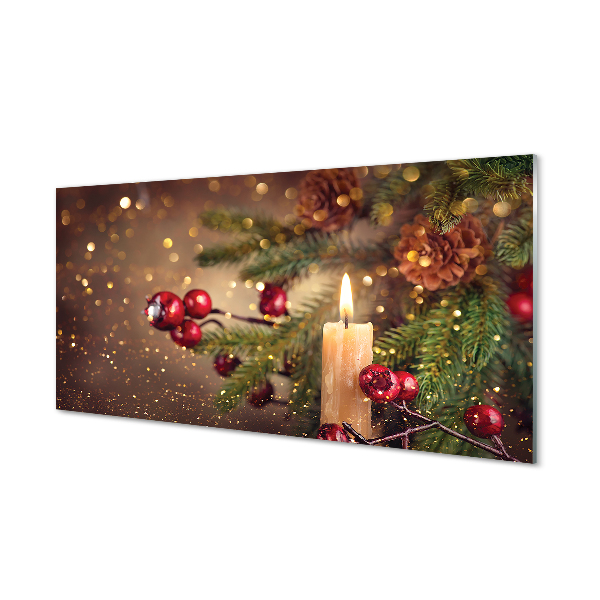 Quadro acrílico Vela, galhos, enfeites, pinhas