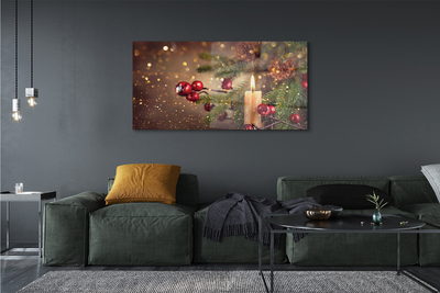 Quadro acrílico Vela, galhos, enfeites, pinhas