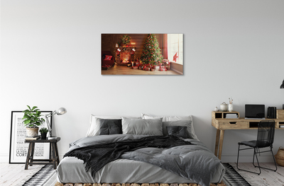 Quadro acrílico Lareira, árvore de Natal, presentes, luzes