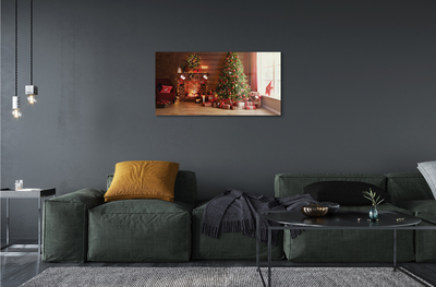 Quadro acrílico Lareira, árvore de Natal, presentes, luzes