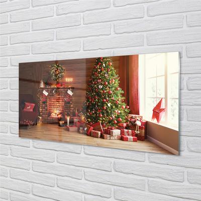 Quadro acrílico Lareira, árvore de Natal, presentes, luzes