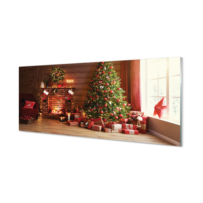 Quadro acrílico Lareira, árvore de Natal, presentes, luzes