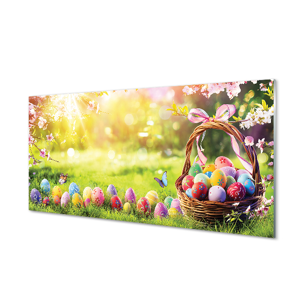 Pintura acrílica cesta de ovos, flores, prado