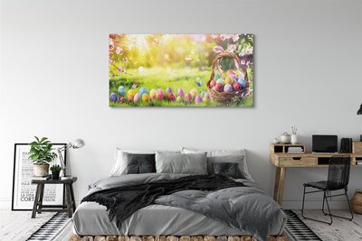 Pintura acrílica cesta de ovos, flores, prado