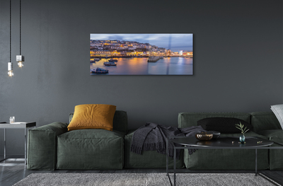 Pintura acrílica Cidade à noite mar navio