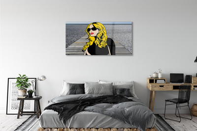 Quadro acrílico Mulher óculos pretos lábios vermelhos