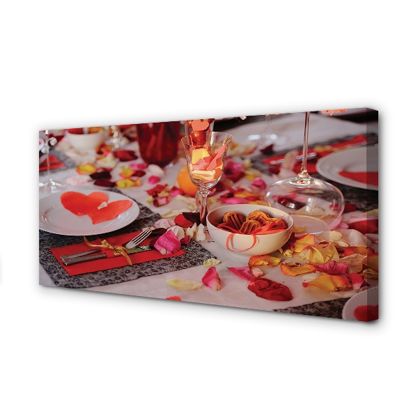 Pintura em tela Copos de jantar com pétalas de rosa e corações
