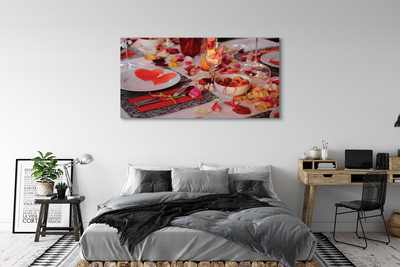 Pintura em tela Copos de jantar com pétalas de rosa e corações