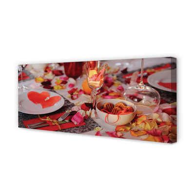 Pintura em tela Copos de jantar com pétalas de rosa e corações