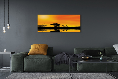 Pintura em tela Girafas pôr do sol árvore lago