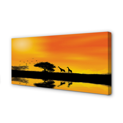 Pintura em tela Girafas pôr do sol árvore lago