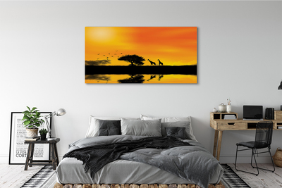 Pintura em tela Girafas pôr do sol árvore lago