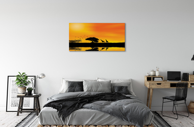 Pintura em tela Girafas pôr do sol árvore lago