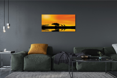 Pintura em tela Girafas pôr do sol árvore lago