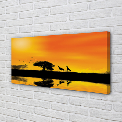 Pintura em tela Girafas pôr do sol árvore lago