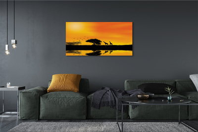 Pintura em tela Girafas pôr do sol árvore lago