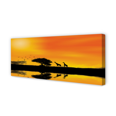 Pintura em tela Girafas pôr do sol árvore lago
