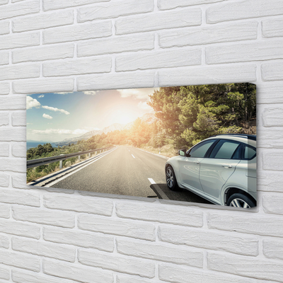 Pintura em tela Montanhas, nuvens, carro, estrada, árvores