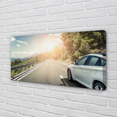 Pintura em tela Montanhas, nuvens, carro, estrada, árvores