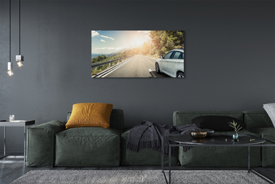 Pintura em tela Montanhas, nuvens, carro, estrada, árvores