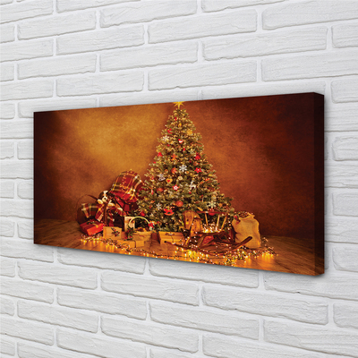 Quadro em tela Presentes de árvore de Natal, luzes e decorações