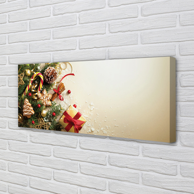 Quadro em tela Galhos, presentes, pinhas, pão de gengibre